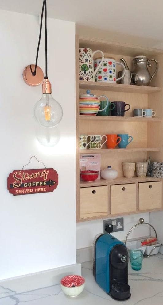 Plywood shelves and drawers for a mini coffee and tea station